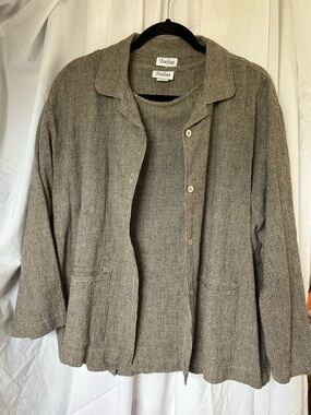 THREE PIECE TOOFAN set Beige & Black Woven Cotton Skirt, Top, Jacket. Size Large
